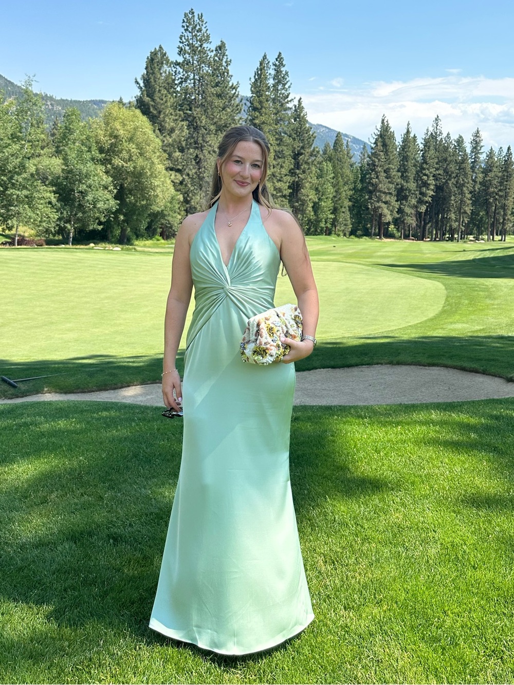 Halter V-Neck Sage Green Wedding Guest Dress